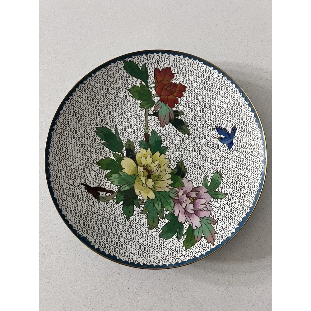 Vintage Chinese Cloisonné Plate Floral Blue Bird Brass Enamel 9